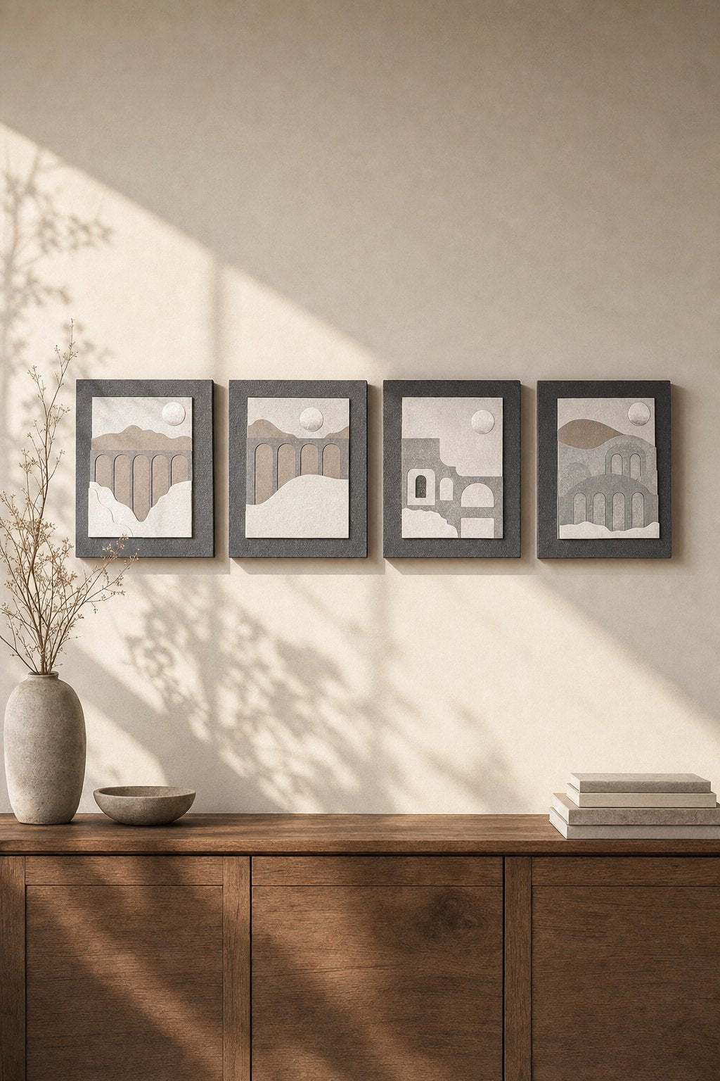 Arch & Moon Landscape Panels in Grey and White – 4-piece wall art set styled on a living room wall above a wooden sideboard