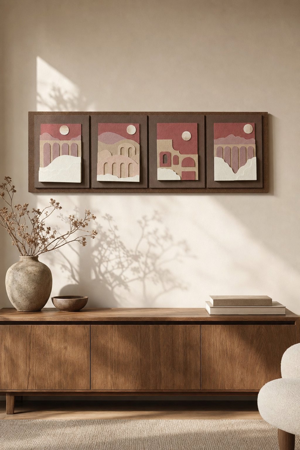 Arch & Moon Landscape Panels in Maroon and Pink – 4-piece wall art set styled on a living room wall above a wooden sideboard