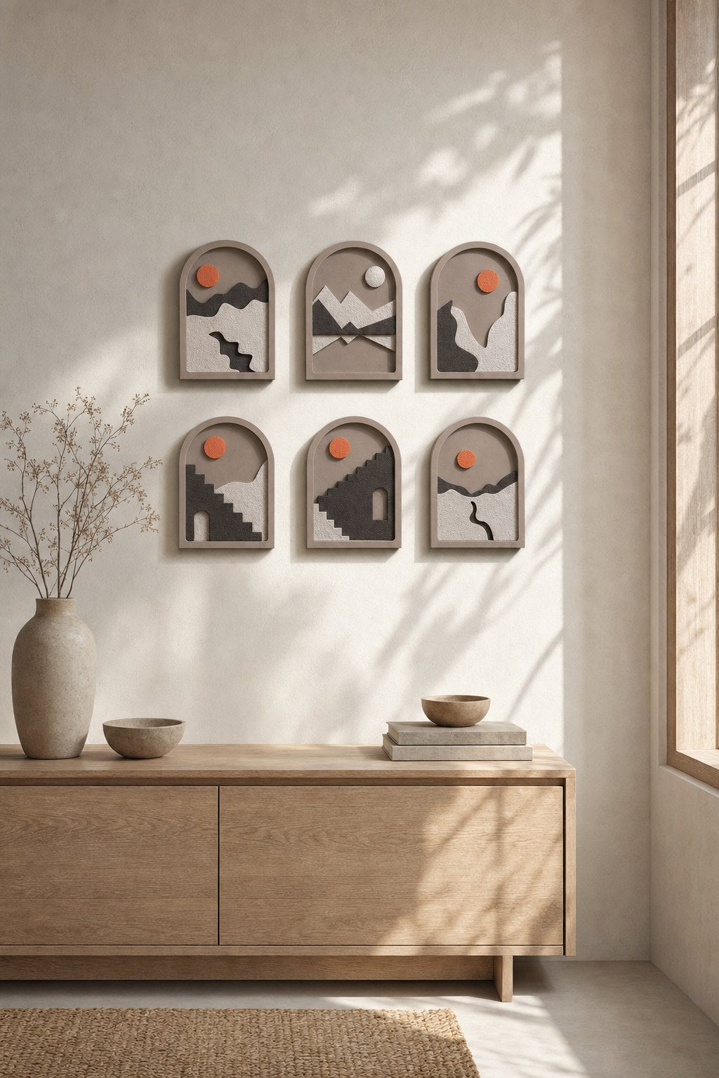 Arch-top Grey Landscape Panels with Orange Sun – 6-piece wall art set styled on a living room wall above a wooden sideboard