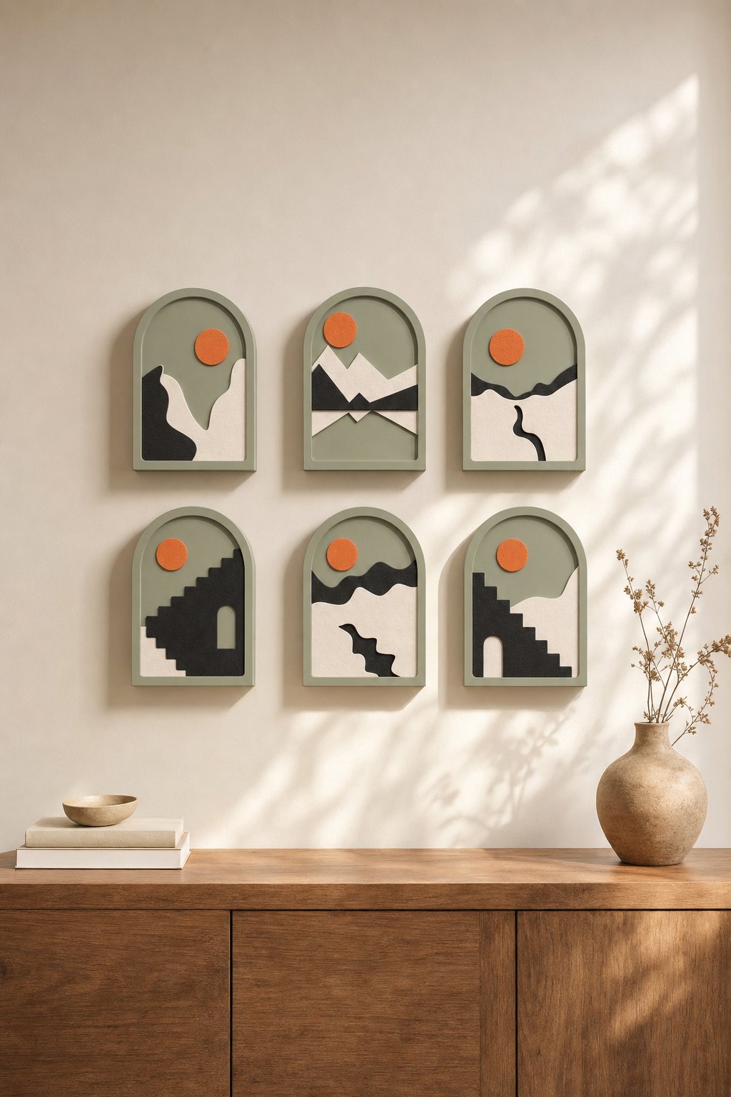 Arch-top Sage Landscape Panels with Orange Sun – 6-piece wall art set styled on a living room wall above a wooden sideboard