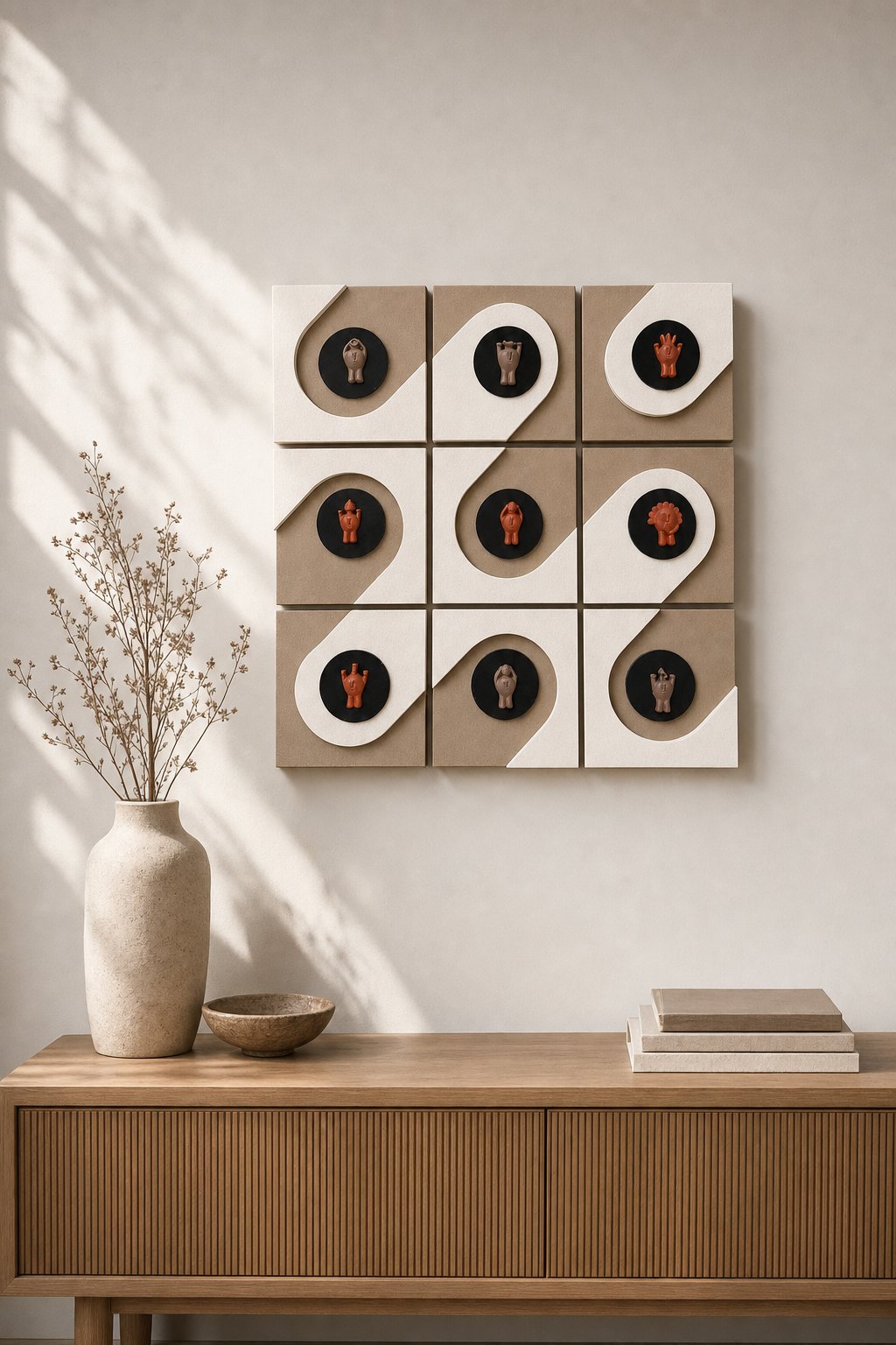 Beige & White Square Panels with Black Circle & Terracotta Figurines – 9-piece wall art set styled on a living room wall above a wooden sideboard