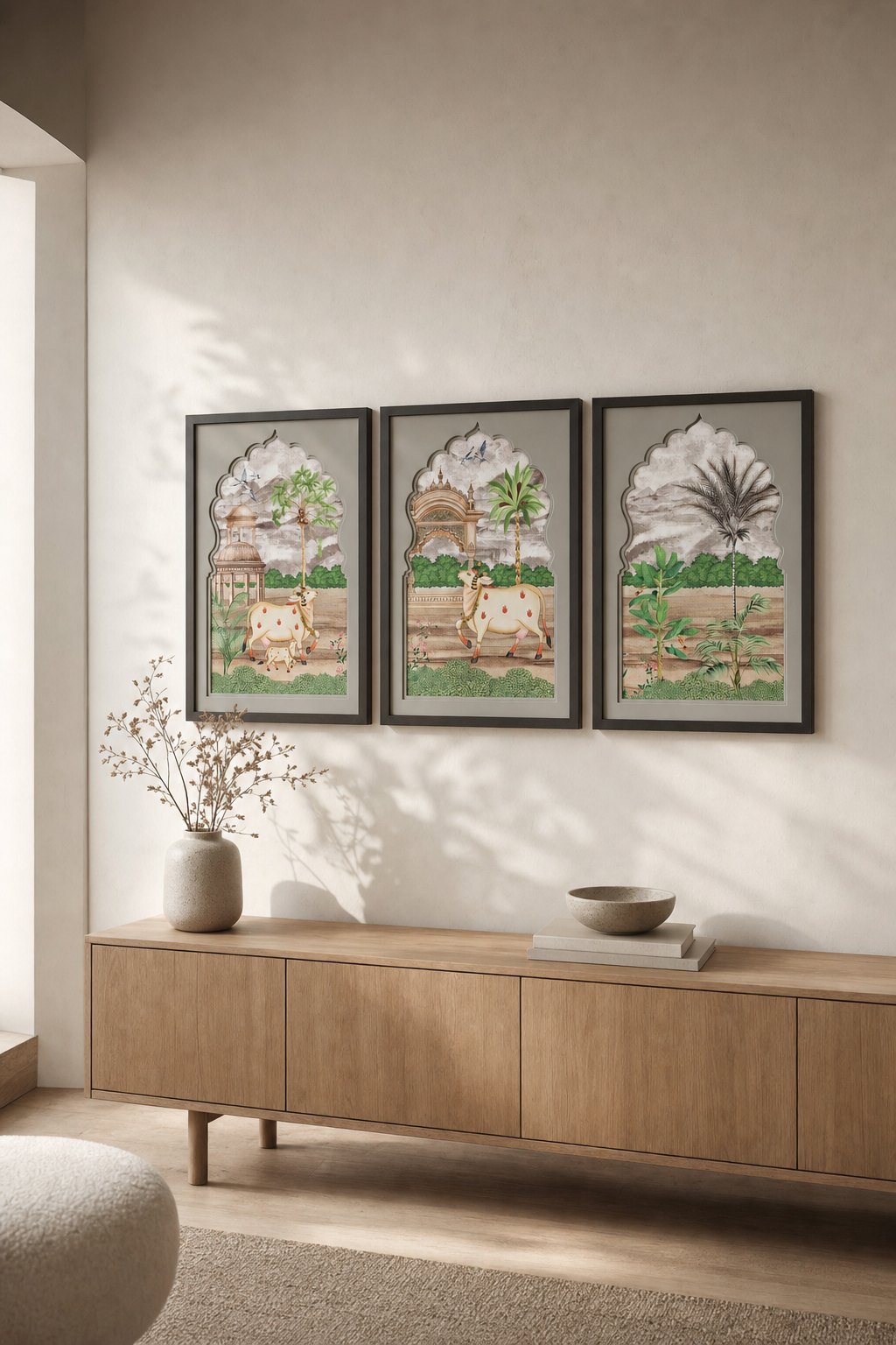 Black-framed Arch Paintings with Cows & Palace – 3-piece wall art set styled on a living room wall above a wooden sideboard