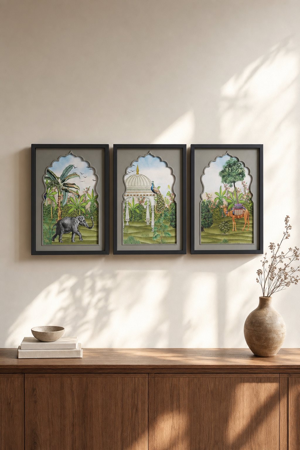 Black-framed Arch Paintings with Elephant, Peacock & Camel – 3-piece wall art set styled on a living room wall above a wooden sideboard