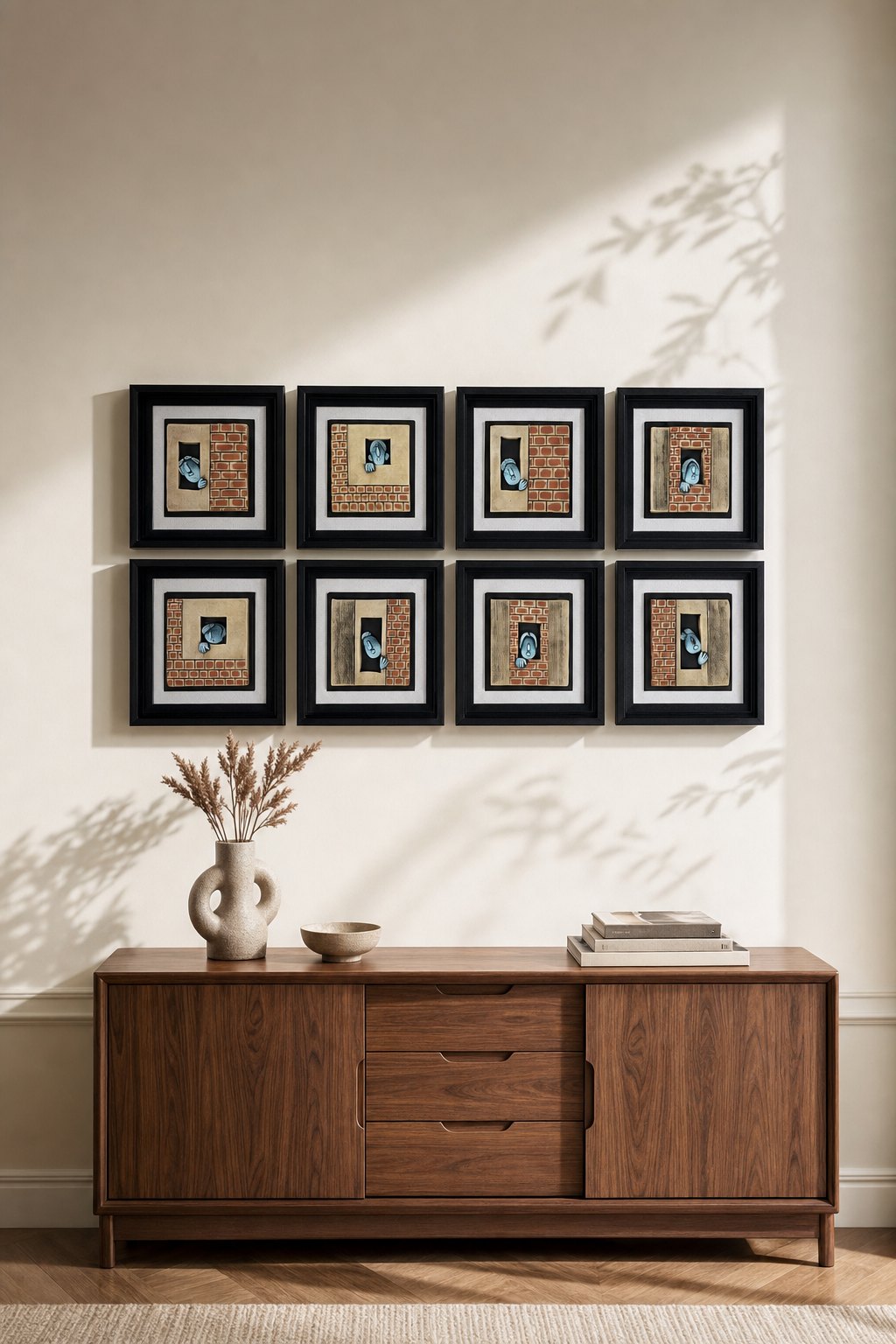 Black-framed Brick-wall Window Panels with Blue Birds – 8-piece wall art set styled on a living room wall above a wooden sideboard