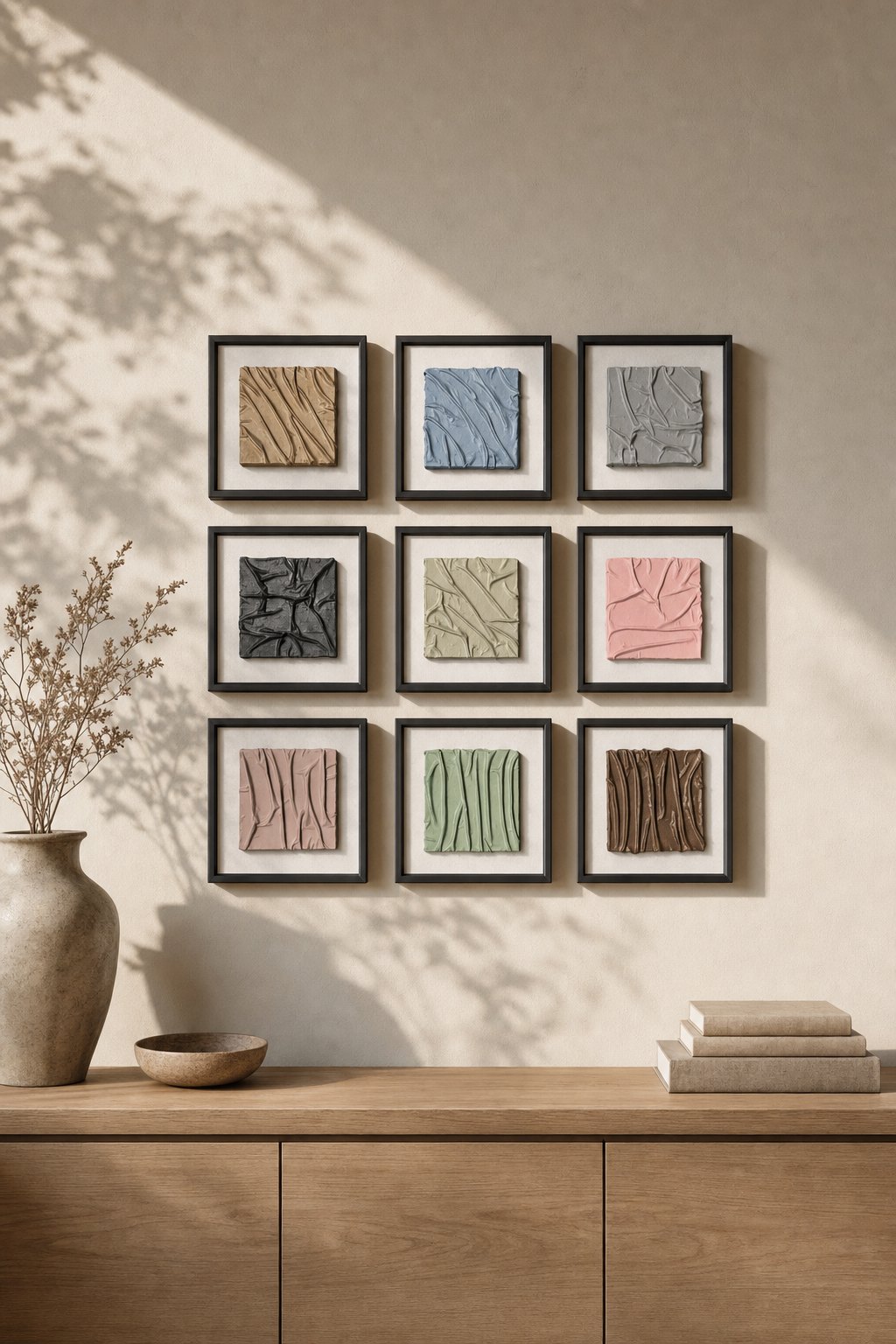 Black-framed Crumpled Fabric Texture Panels in Pastels – 9-piece wall art set styled on a living room wall above a wooden sideboard