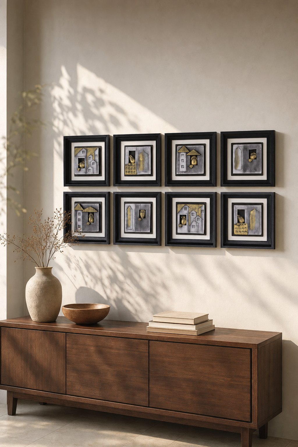 Black-framed Grey Panels with Gold House Relief – 8-piece wall art set styled on a living room wall above a wooden sideboard