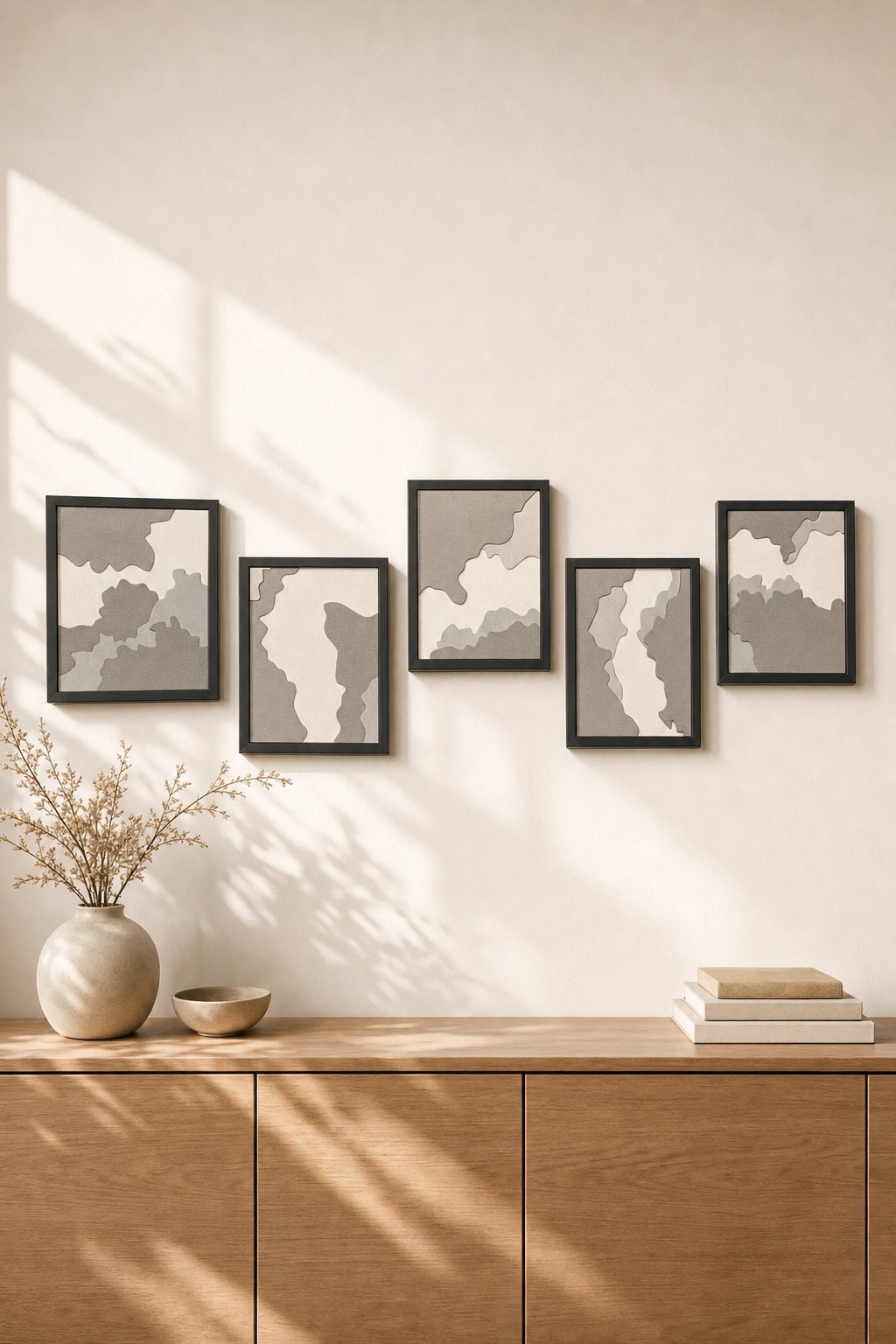 Black-framed Grey & White Organic Abstract Panels – 5-piece wall art set styled on a living room wall above a wooden sideboard