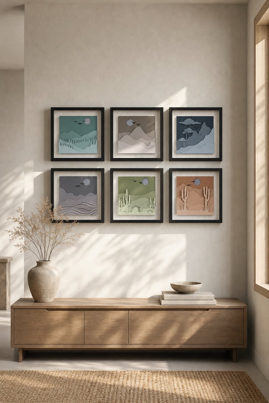 Black-framed Layered Paper-cut Landscape Panels – 6-piece wall art set styled on a living room wall above a wooden sideboard