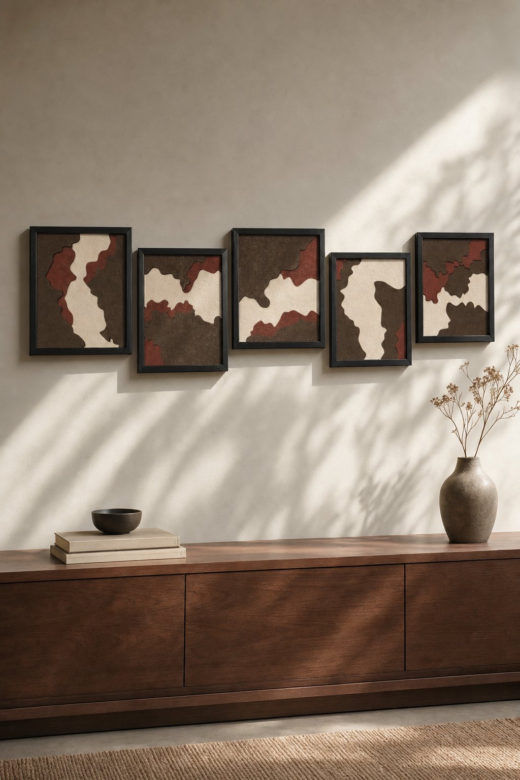 Black-framed Maroon, Brown & Cream Organic Abstract Panels – 5-piece wall art set styled on a living room wall above a wooden sideboard