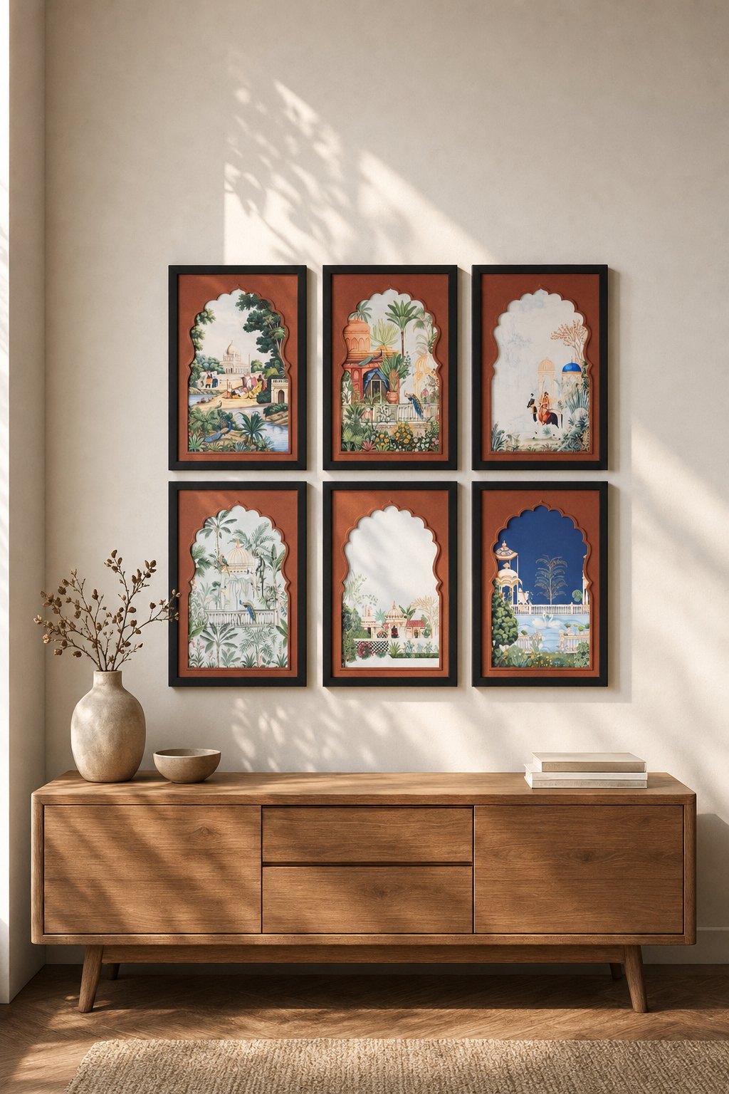 Black-framed Mughal Arch Garden Paintings on Rust Mat – 6-piece wall art set styled on a living room wall above a wooden sideboard