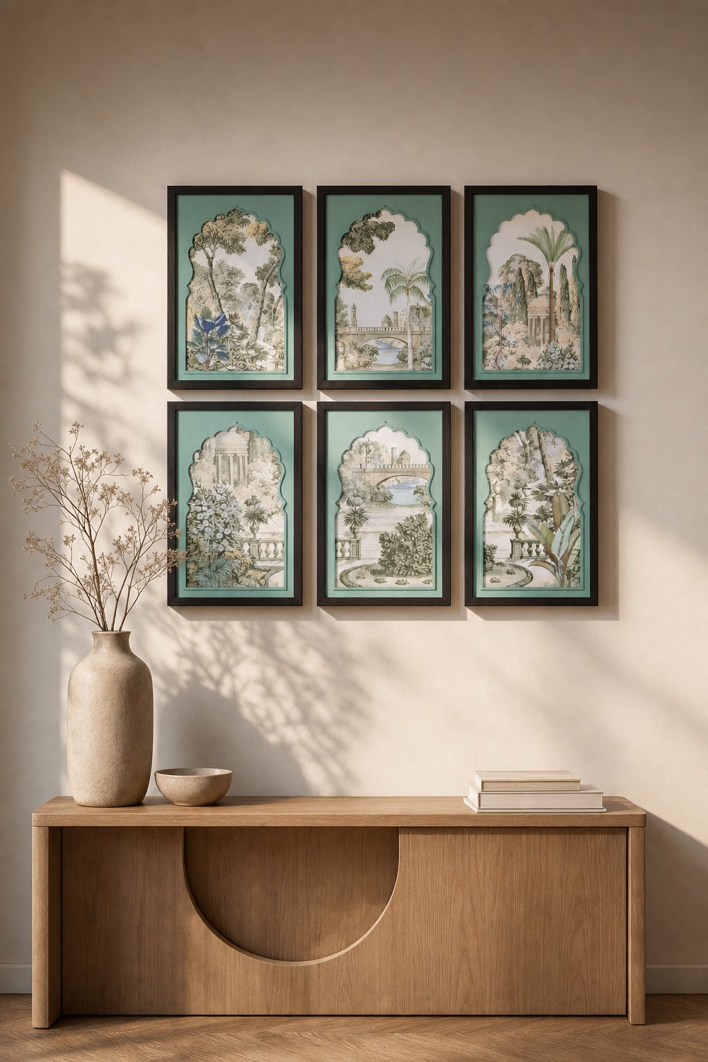 Black-framed Mughal Arch Garden Paintings on Teal Mat – 6-piece wall art set styled on a living room wall above a wooden sideboard