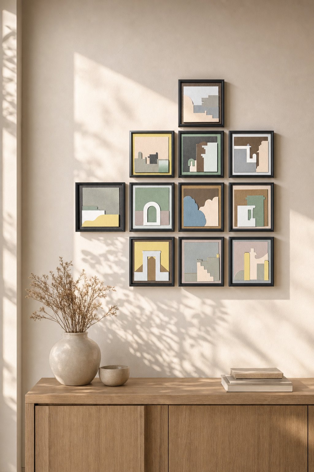 Black-framed Pastel Architectural Layered Panels – 11-piece wall art set styled on a living room wall above a wooden sideboard