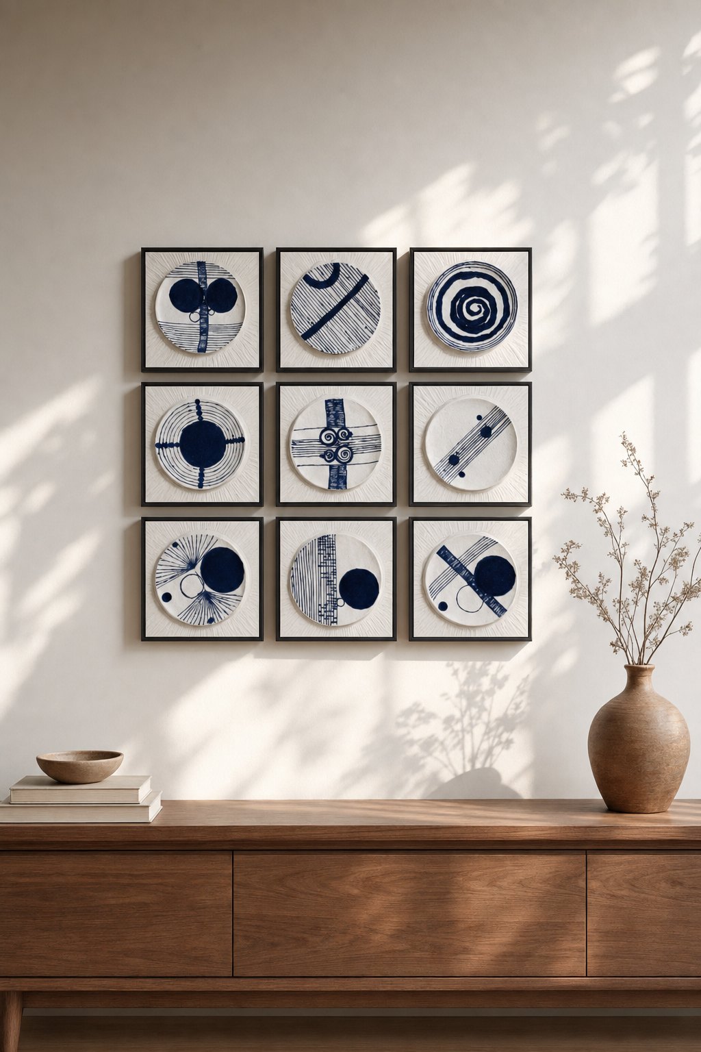 Black-framed White Panels with Indigo Plate Designs – 9-piece wall art set styled on a living room wall above a wooden sideboard