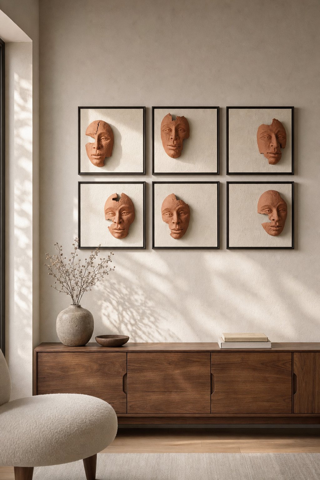 Black-framed White Panels with Terracotta Sculpted Faces – 6-piece wall art set styled on a living room wall above a wooden sideboard