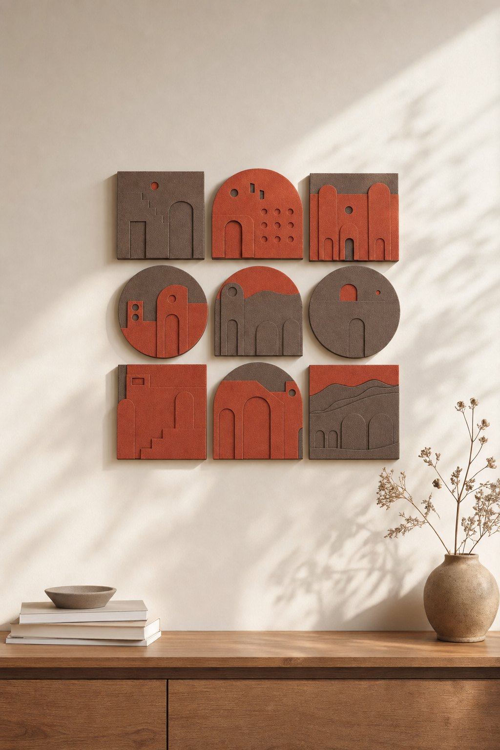Brick-red & Brown Architectural Arch Panels – 9-piece wall art set styled on a living room wall above a wooden sideboard
