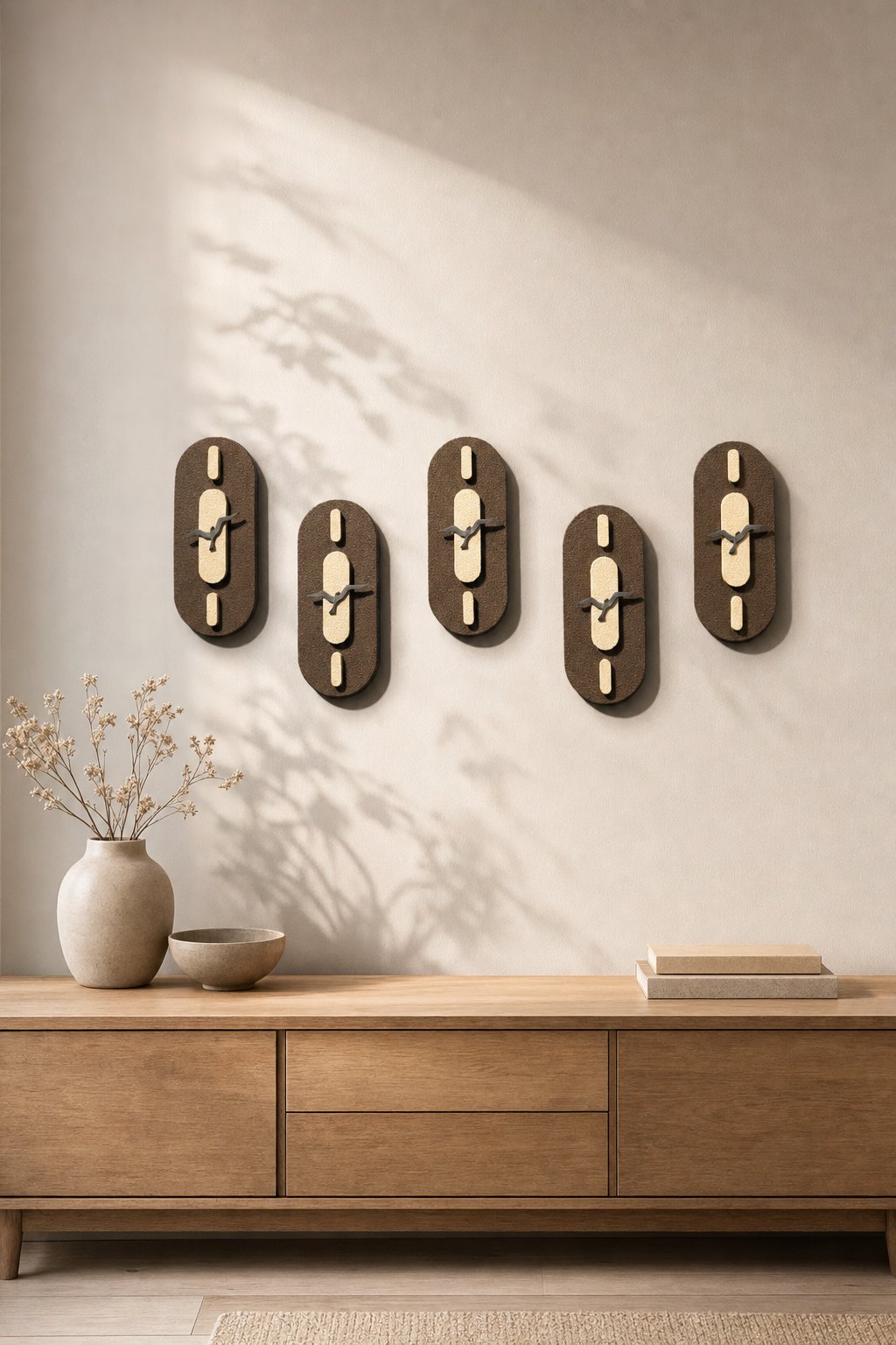 Brown Capsule Panels with Cream Inner & Flying Birds – 5-piece wall art set styled on a living room wall above a wooden sideboard