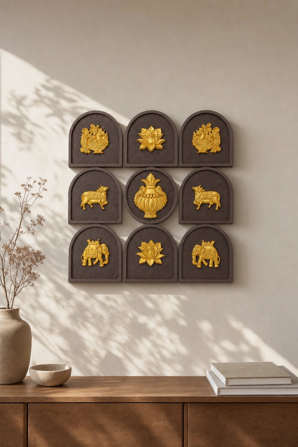 Dark Brown Arch Panels with Gold Kalash, Lotus, Cow & Elephant Relief – 9-piece wall art set styled on a living room wall above a wooden sideboard