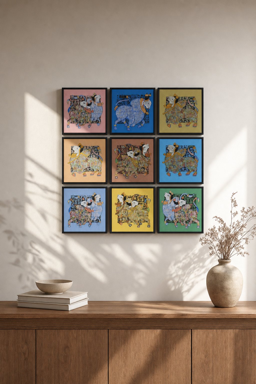 Framed Pichwai-style Cow Paintings on Colour Backgrounds – 9-piece wall art set styled on a living room wall above a wooden sideboard