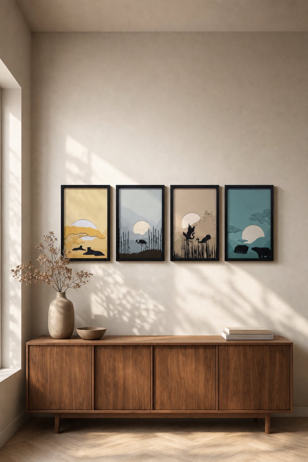Framed Wildlife Silhouette Sunset Panels – 4-piece wall art set styled on a living room wall above a wooden sideboard