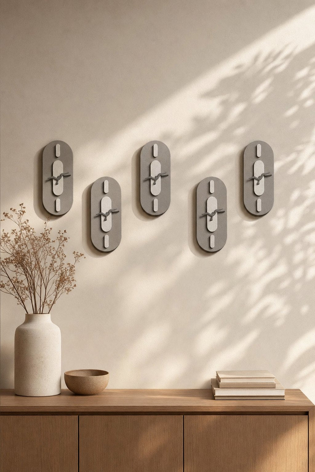 Grey Capsule Panels with Flying Birds – 5-piece wall art set styled on a living room wall above a wooden sideboard