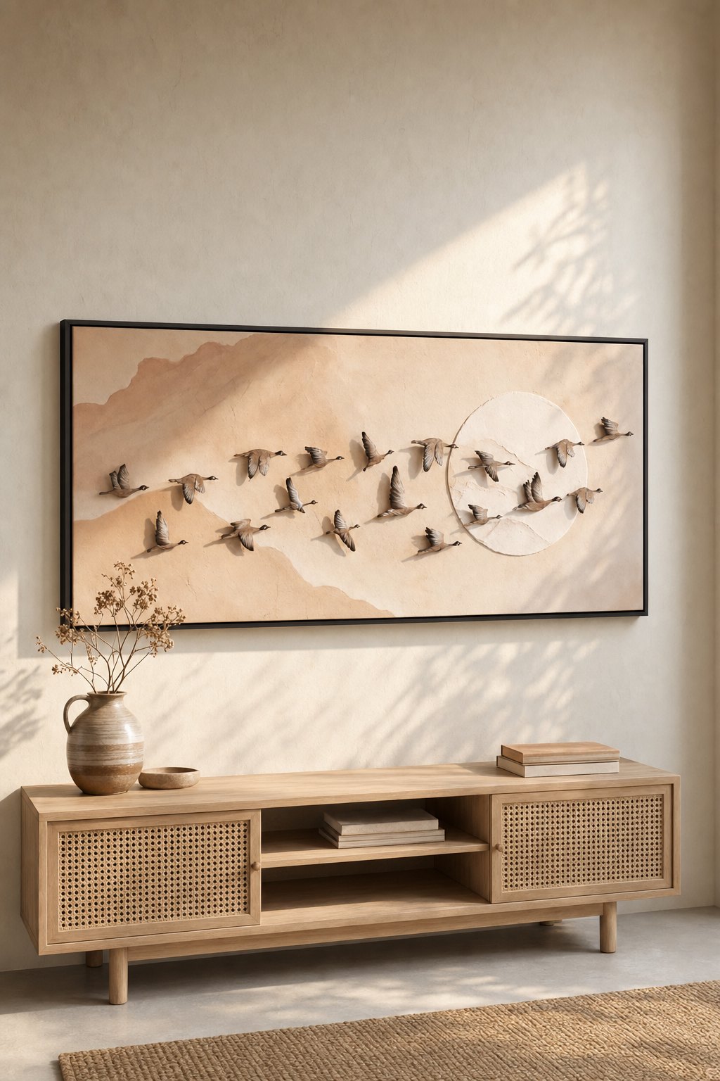 Large Framed Panel with 3D Flying Birds on Peach Landscape – styled on a living room wall above a wooden sideboard