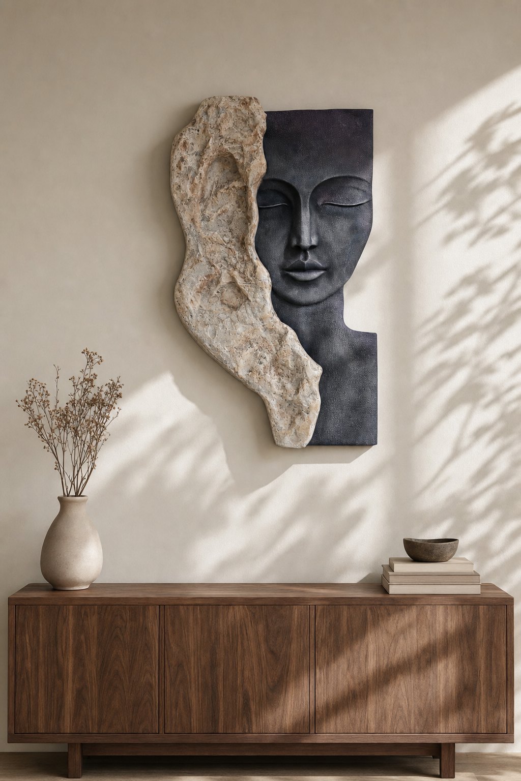 Large Navy Face Sculpture with Stone-textured Edge – styled on a living room wall above a wooden sideboard
