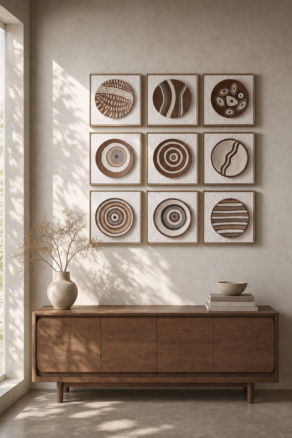 Light-frame Square Panels with Brown Concentric-ring Discs – 9-piece wall art set styled on a living room wall above a wooden sideboard
