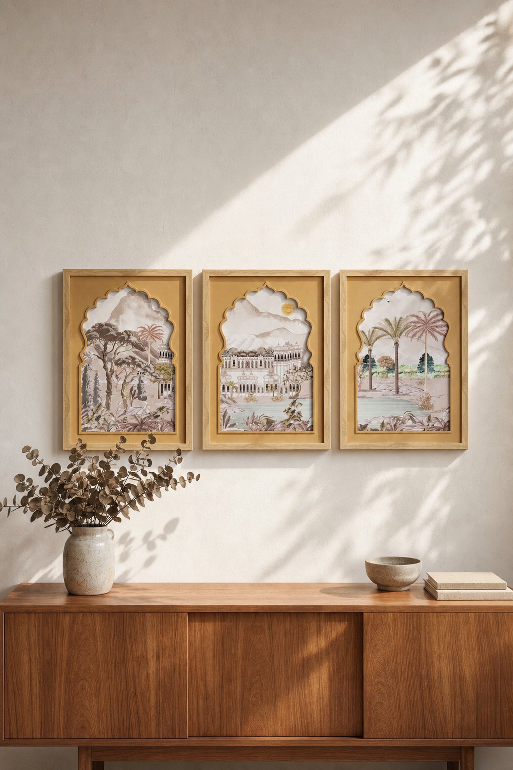 Mustard-framed Pastel Arch Landscape Paintings – 3-piece wall art set styled on a living room wall above a wooden sideboard