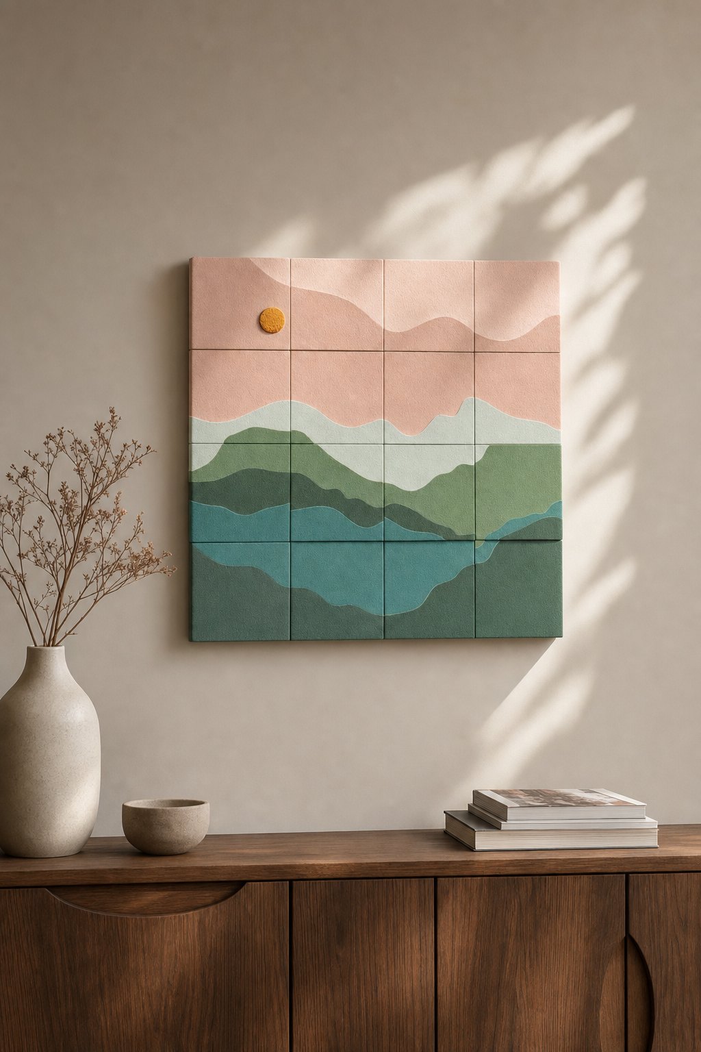 Pastel Mountain Landscape Tile Panel – 16-piece wall art set styled on a living room wall above a wooden sideboard