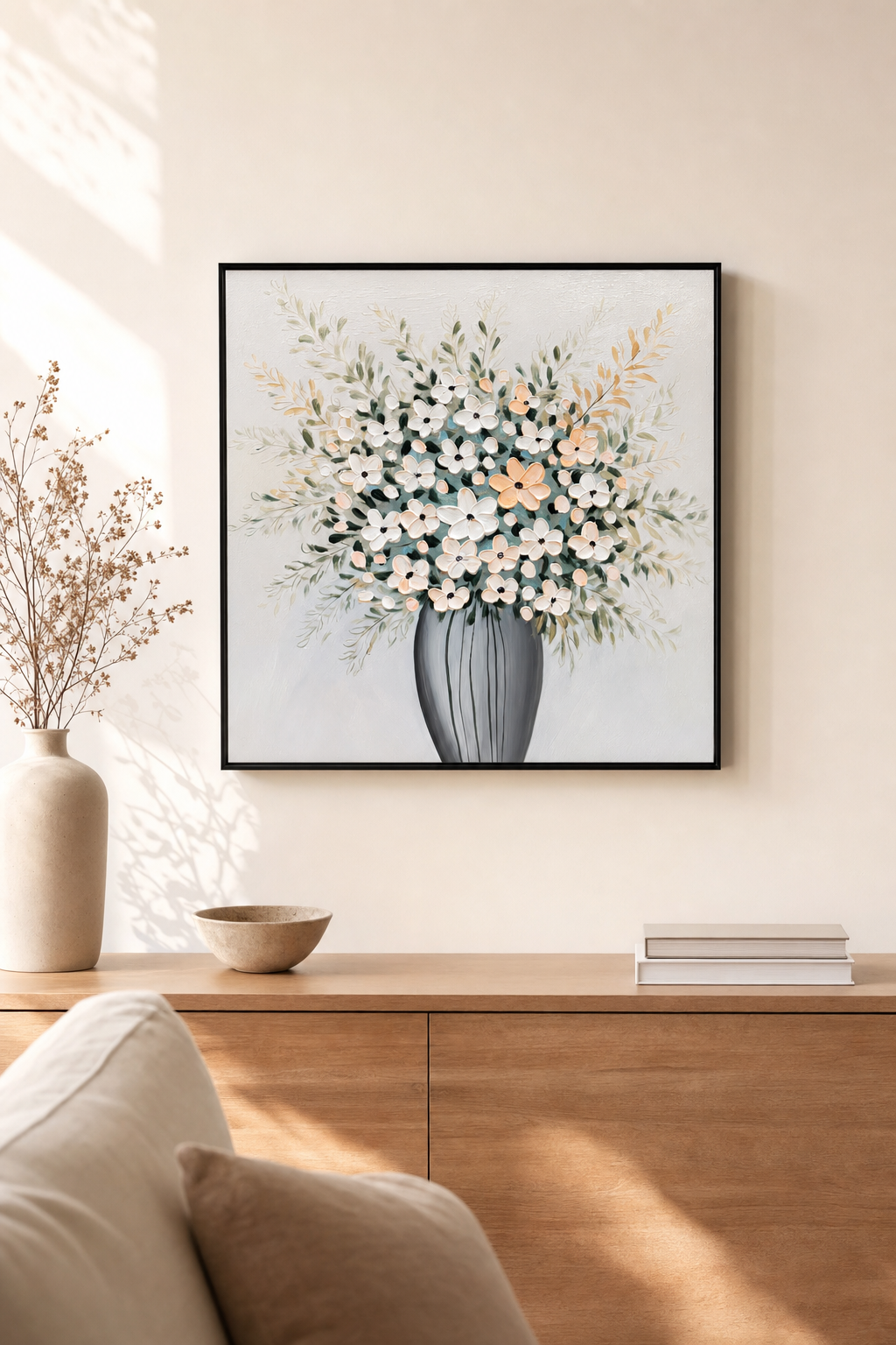 Floral Bouquet in Grey Striped Vase Textured Wall Art