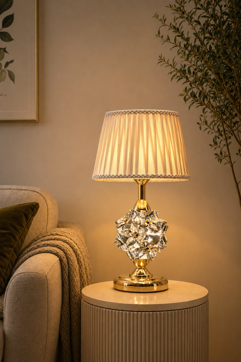 Crystal Flower-ball Table Lamp with Pleated Cream Shade