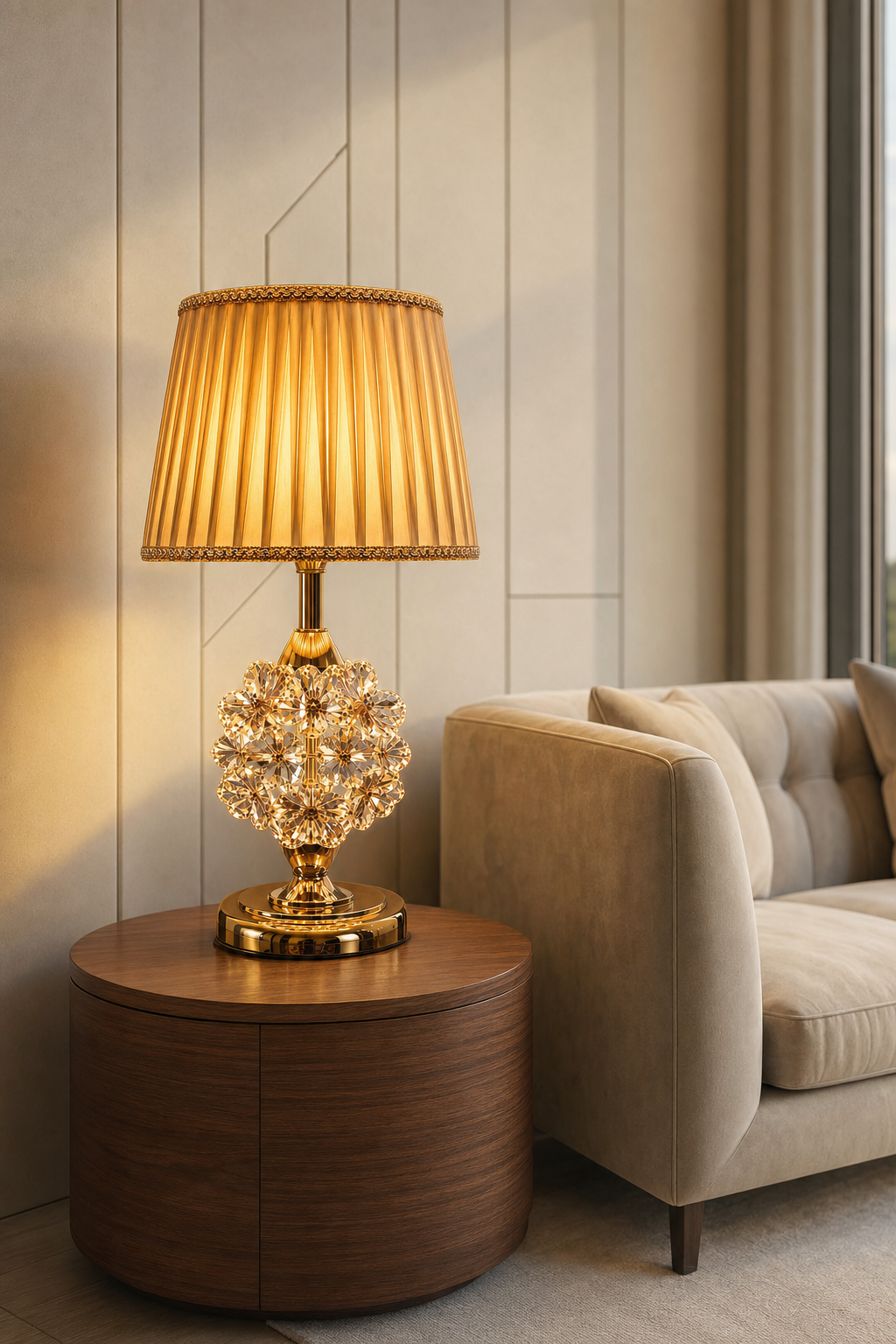 Gold Crystal Flower-ball Table Lamp with Pleated Shade