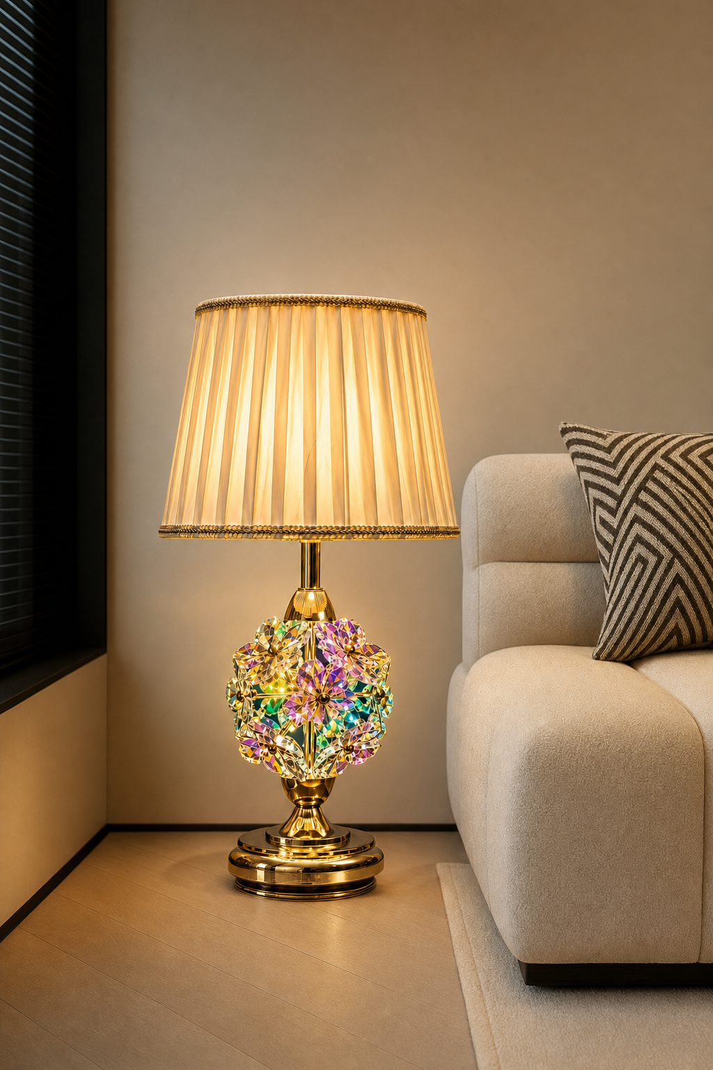Iridescent Crystal Flower-ball Table Lamp with Pleated Shade