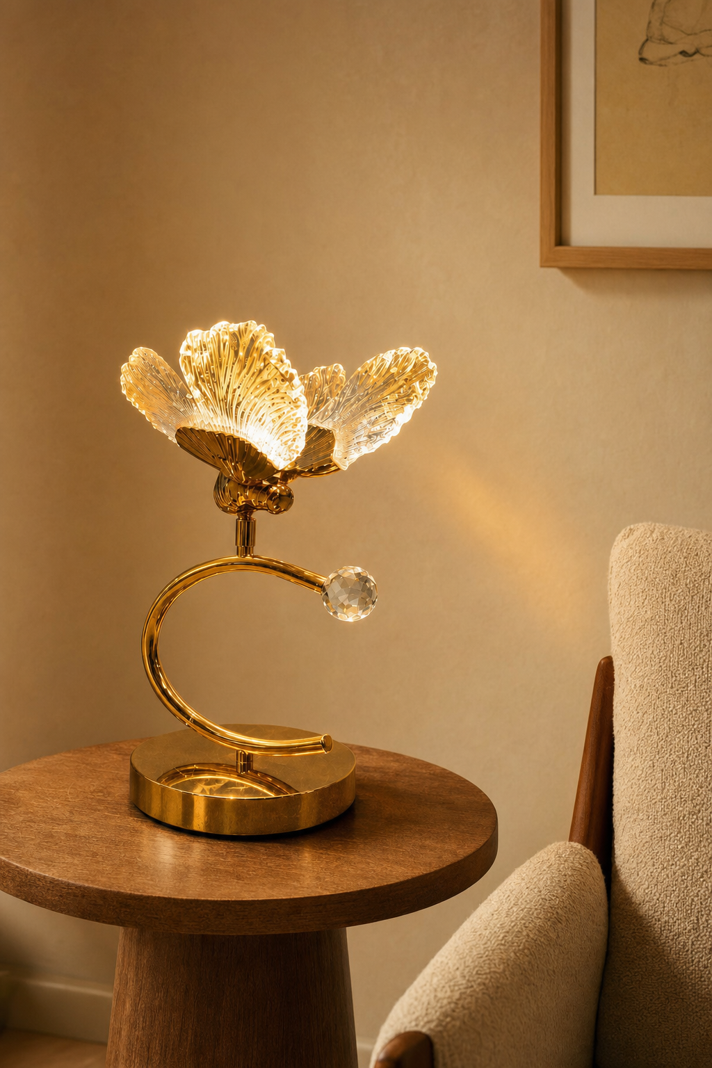 Amber Acrylic Butterfly Table Lamp on Golden C-curve Stand