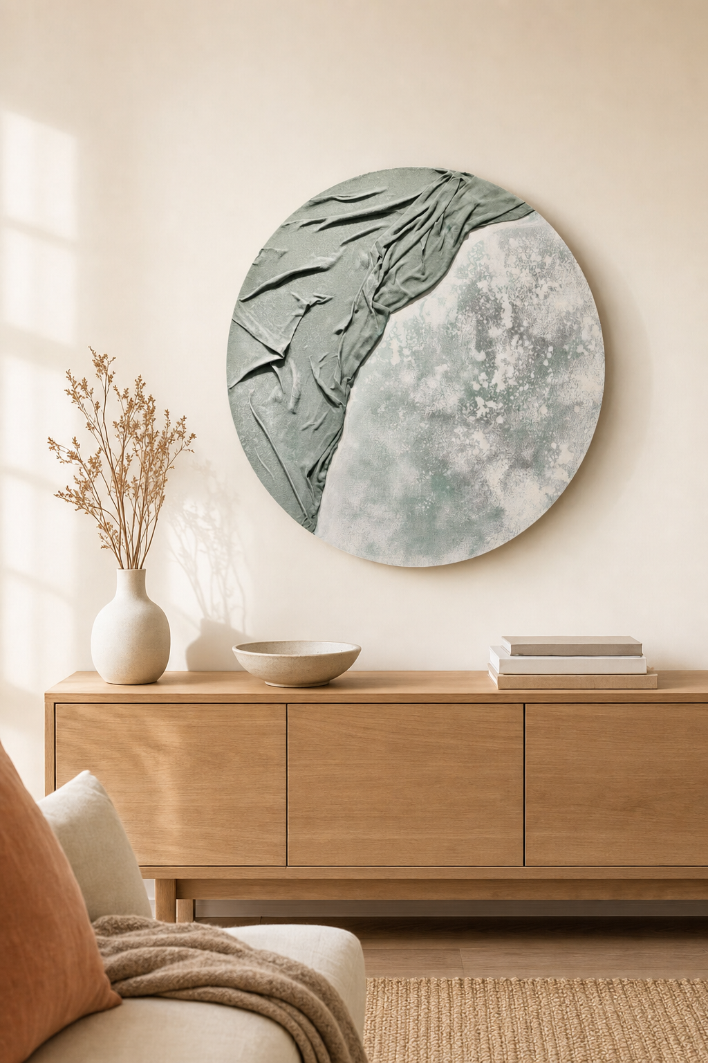 Round Sage Green & Grey Draped Texture Wall Art