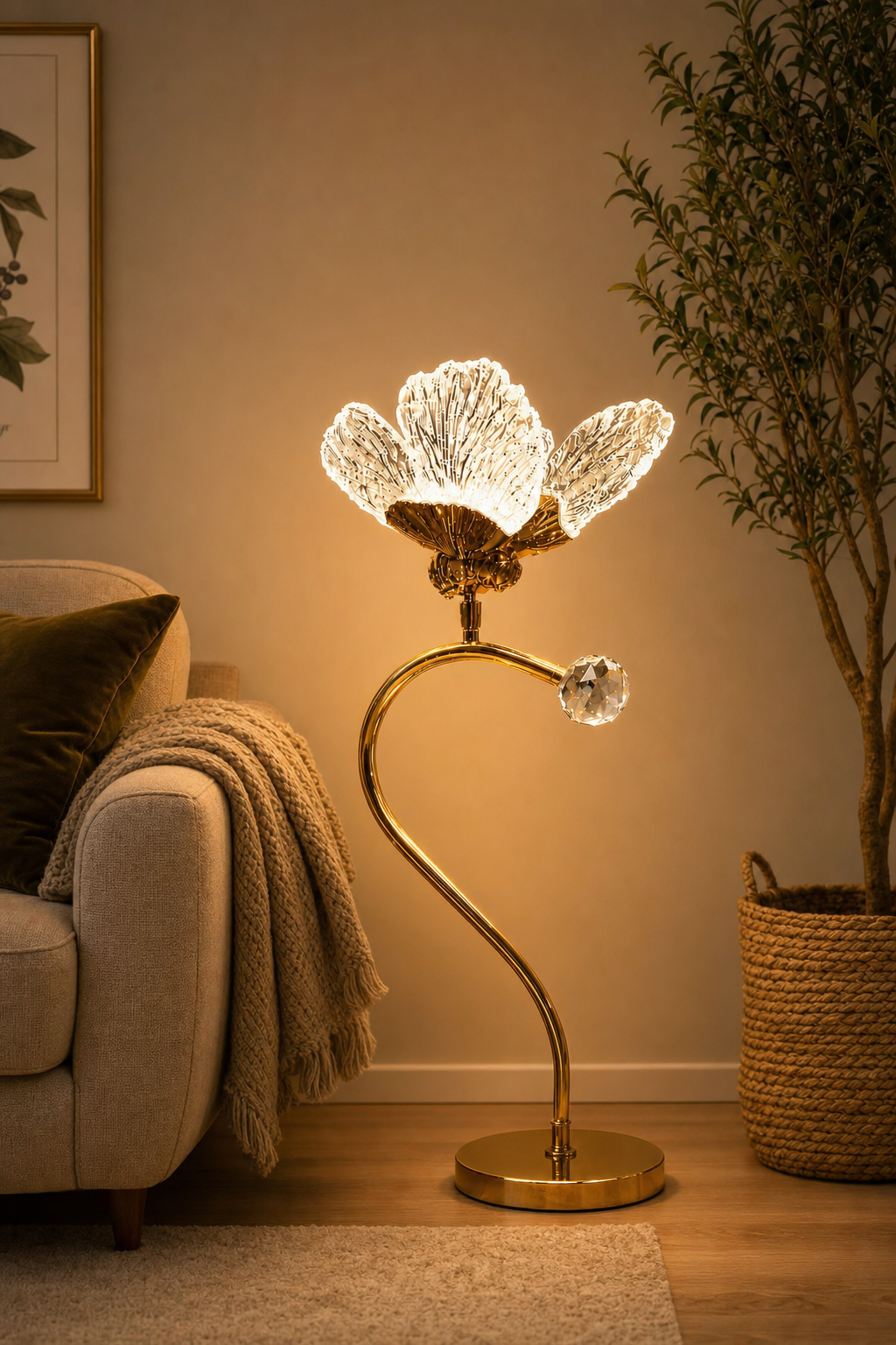 Clear Acrylic Butterfly Table Lamp on Golden C-curve Stand