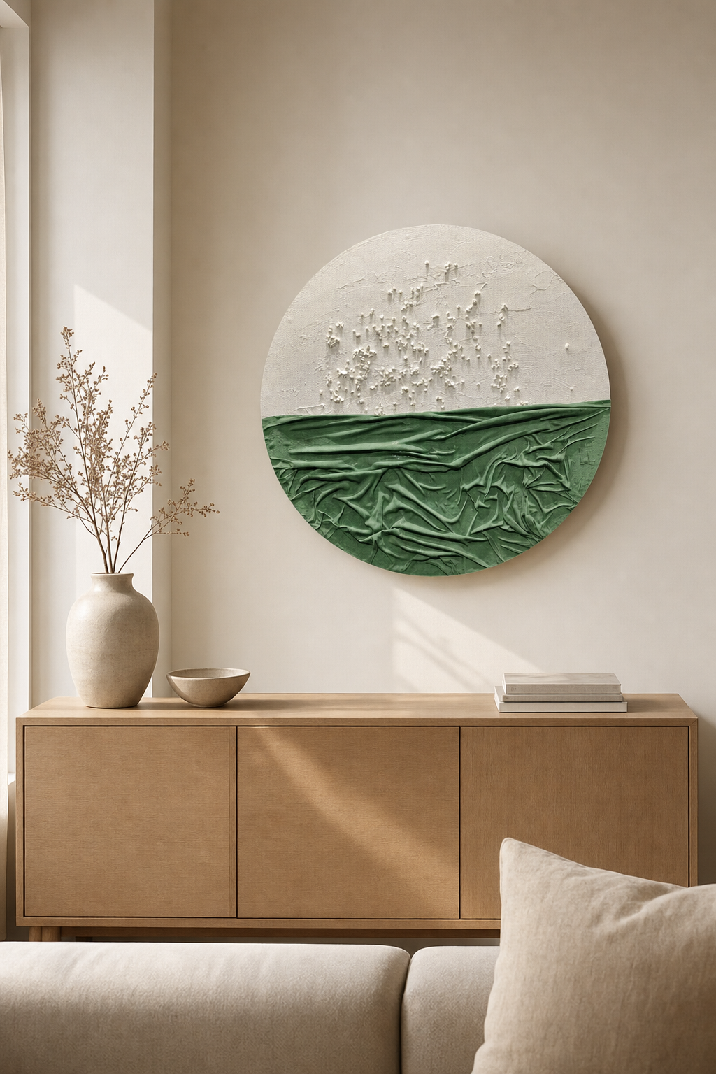 Round White & Green Draped Texture Wall Art