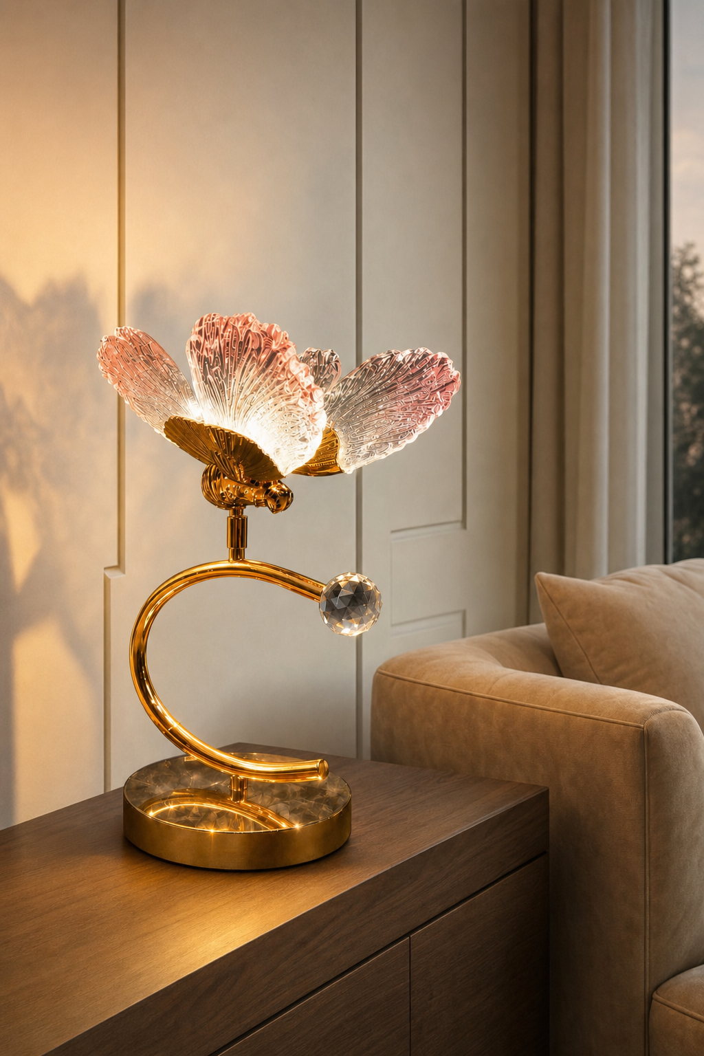 Pink Acrylic Butterfly Table Lamp on Golden C-curve Stand