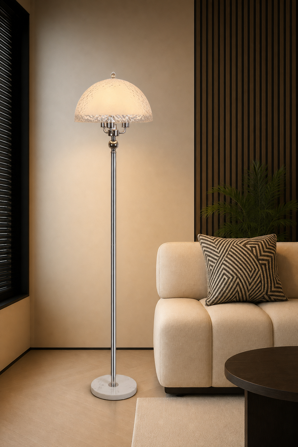 White Textured Dome Floor Lamp with Chrome Pole and White Marble Base