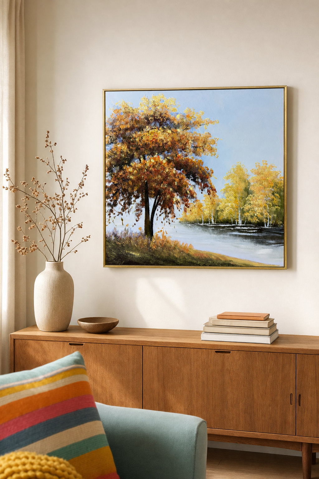 Autumn Tree by River Landscape Wall Art