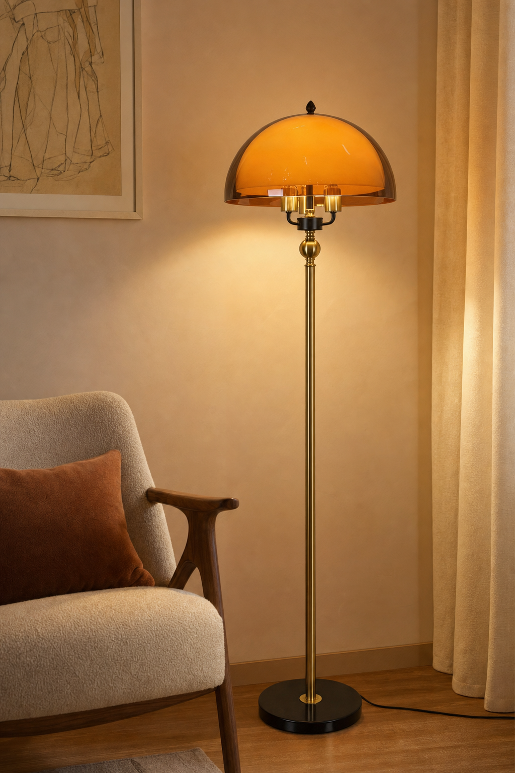 Amber Dome Floor Lamp with Brass Pole and Black Marble Base
