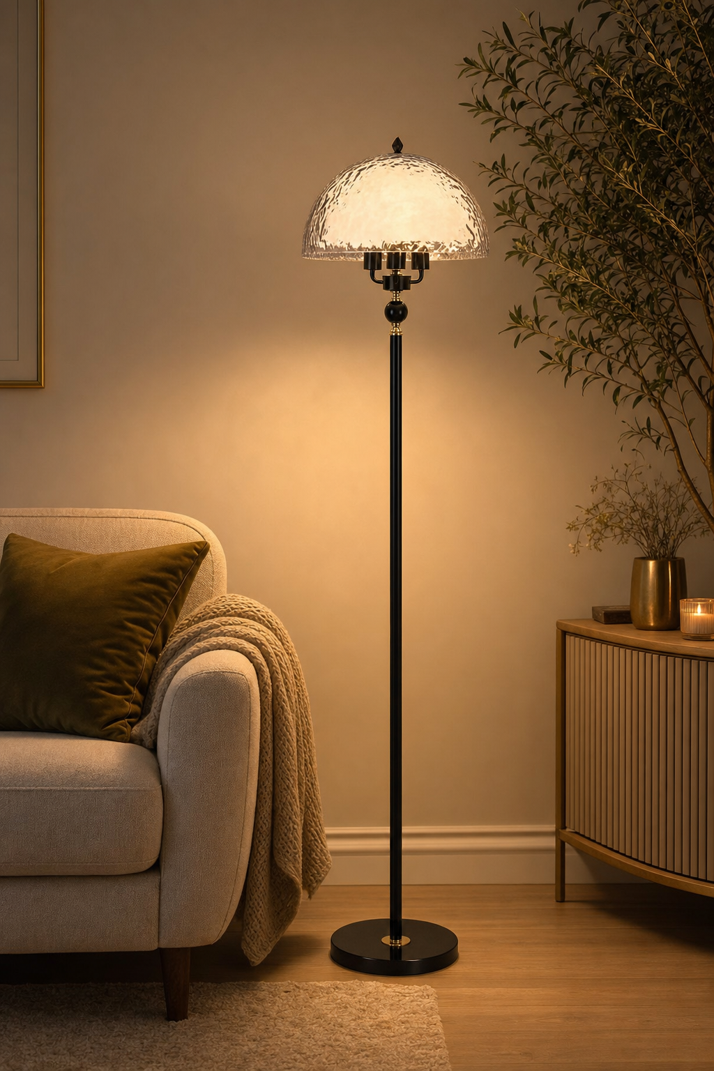 Clear Textured Dome Floor Lamp with Black Pole and Black Marble Base