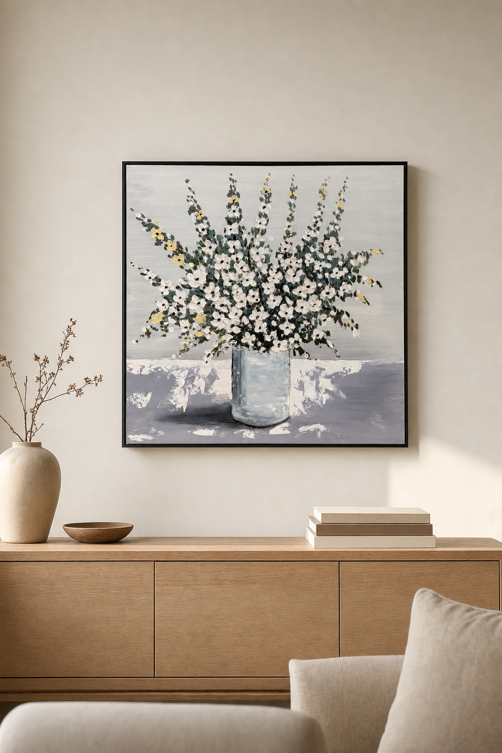 White Blossom Bouquet in Vase Textured Wall Art
