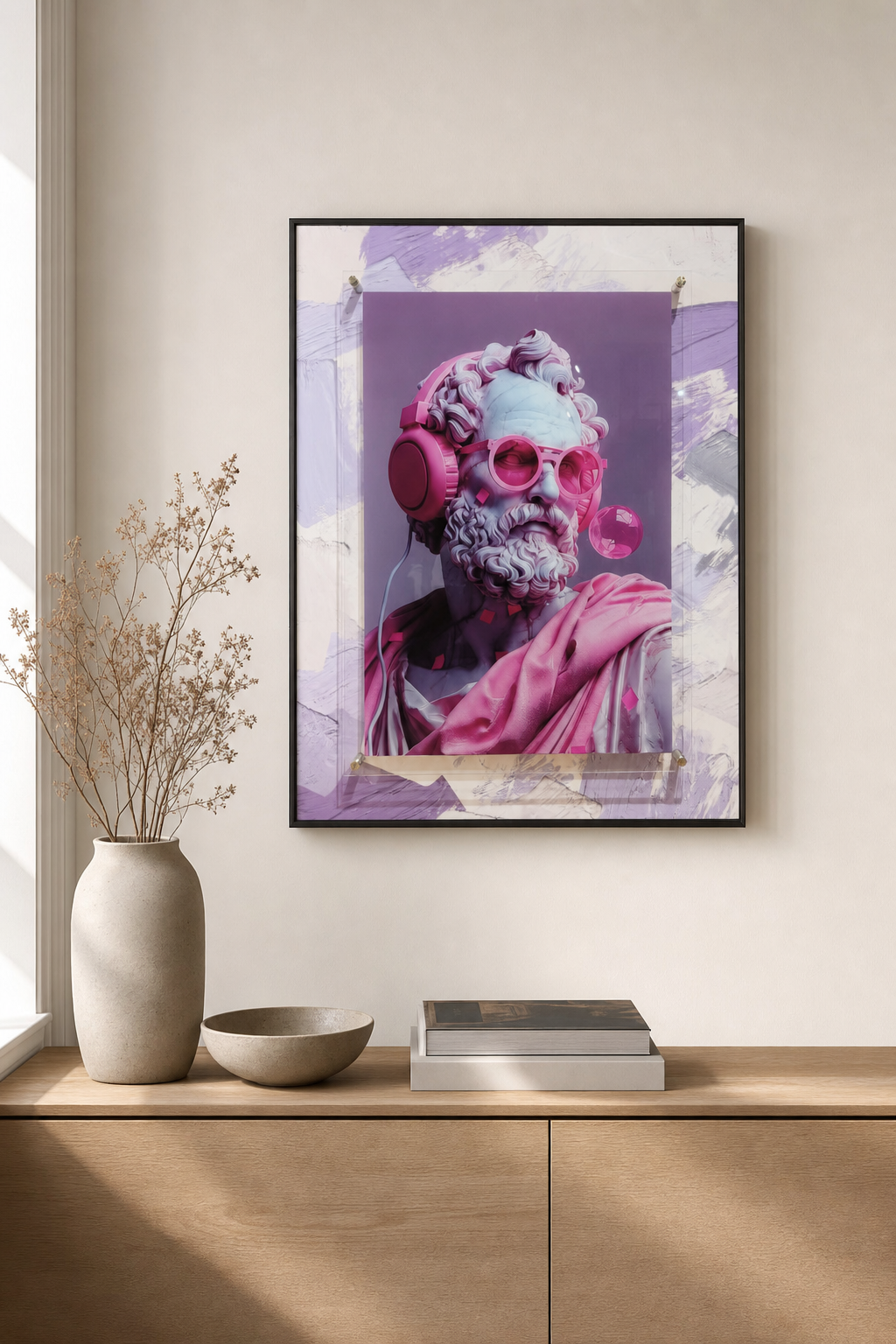 Pop-art Classical Bust with Pink Headphones Frame