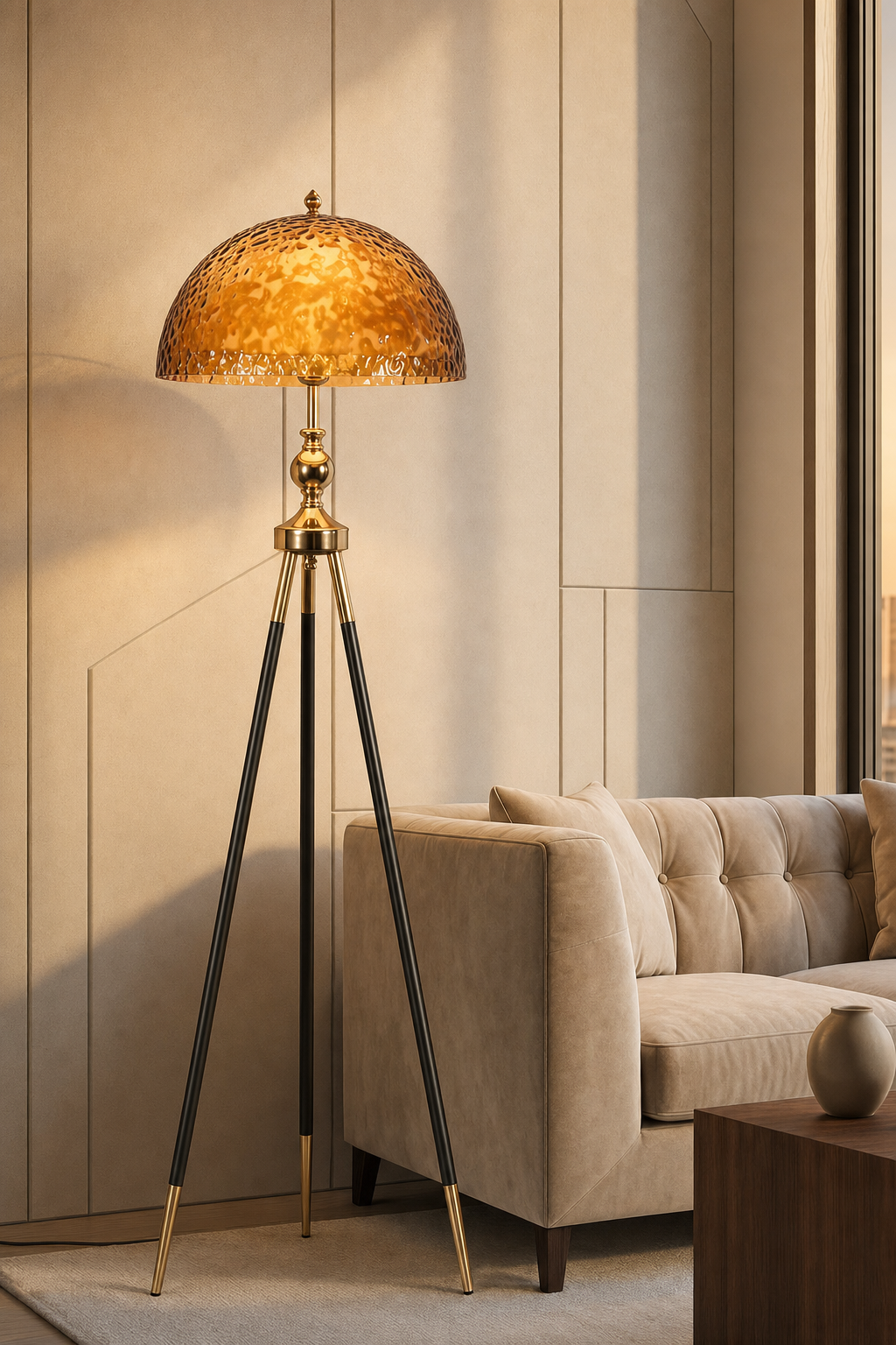 Amber Hammered Dome Tripod Floor Lamp, Black & Gold Legs