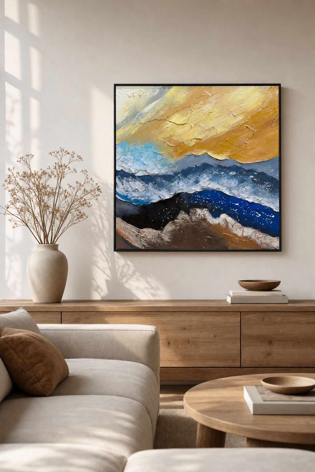 Gold Sky & Blue Wave Abstract Landscape Wall Art