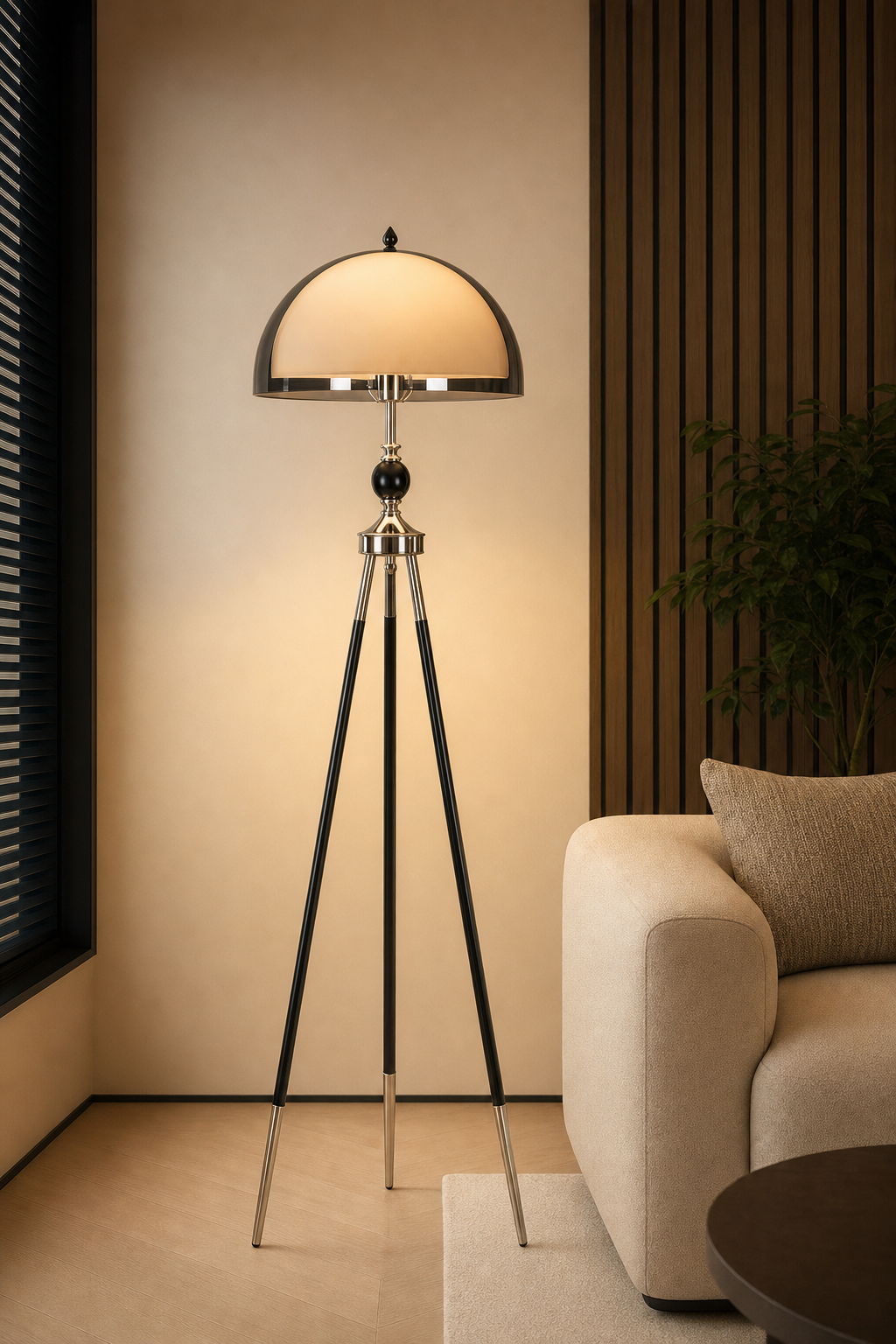 Smoky White Dome Tripod Floor Lamp, Black & Chrome Legs