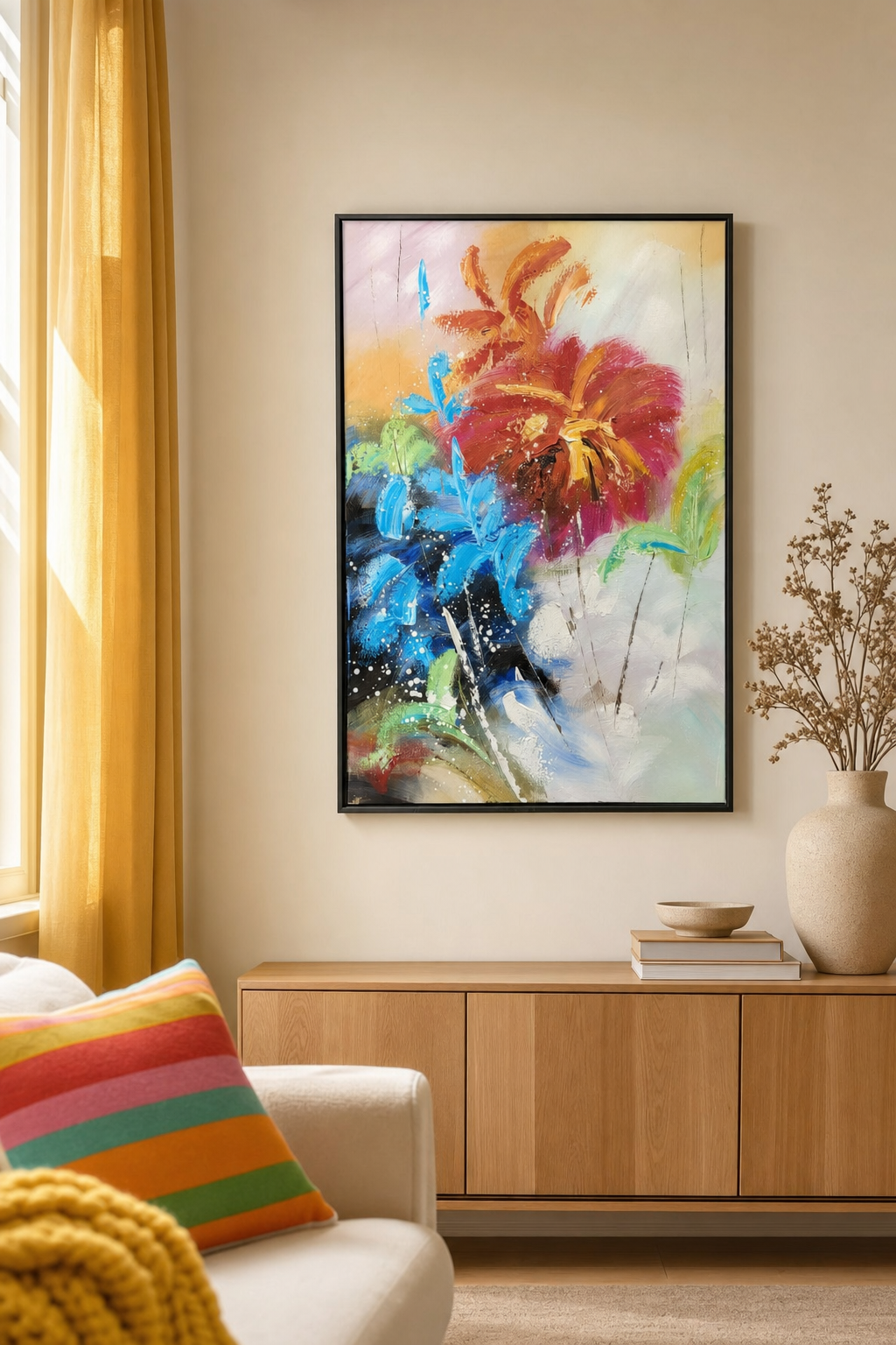 Red & Blue Abstract Flowers Painting