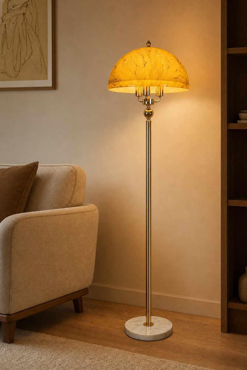 Yellow Marbled Dome Floor Lamp with Brass Pole and White Marble Base