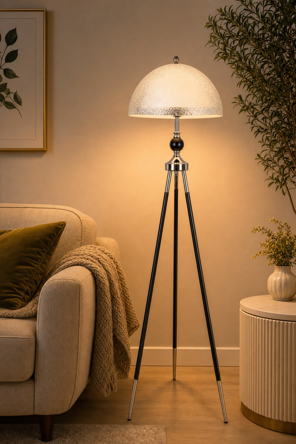 Frosted White Textured Dome Tripod Floor Lamp, Black & Chrome Legs